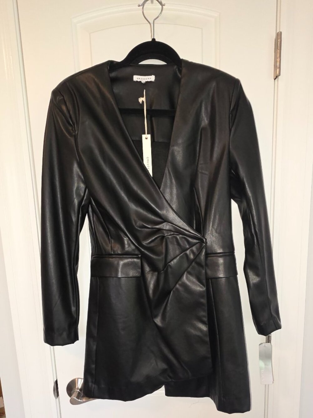 NWT Crescent Black Vegan Leather Wrap Blazer Mini Dress S